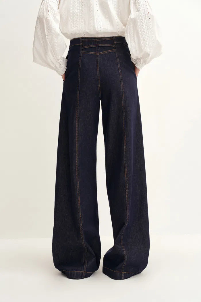 Margot Hand Sewn Double Breasted Buttons Baggy Jeans in Cotton Denim | Fabrique