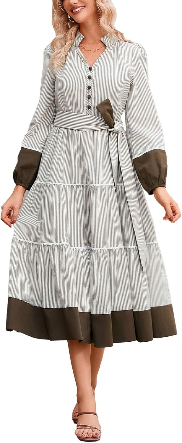Ladyful Womens Striped Long Sleeve Cotton Belted Midi Dress Brown Casual V Neck A-line Maxi Fall Dress with Pockets | Amazon (US)