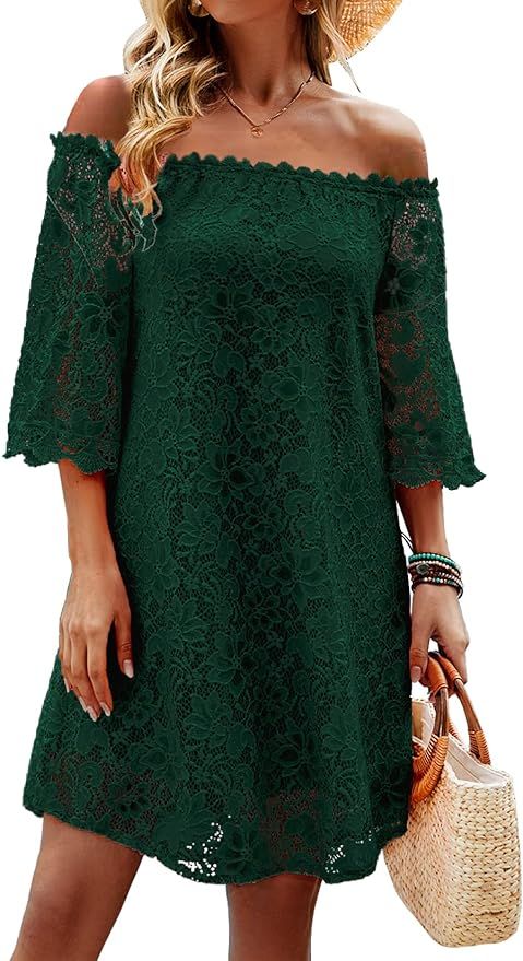 Supnier Short Dresses for Women Casual Boat Neck Lace Crochet Summer Dress with 3 4 Sleeve Green ... | Amazon (US)
