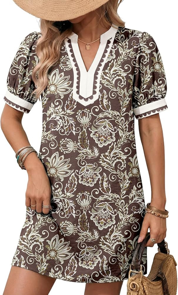Dokotoo Summer Dresses for Women 2026 Boho Floral Puff Short Sleeve V Neck Trim Casual Mini Dress... | Amazon (US)