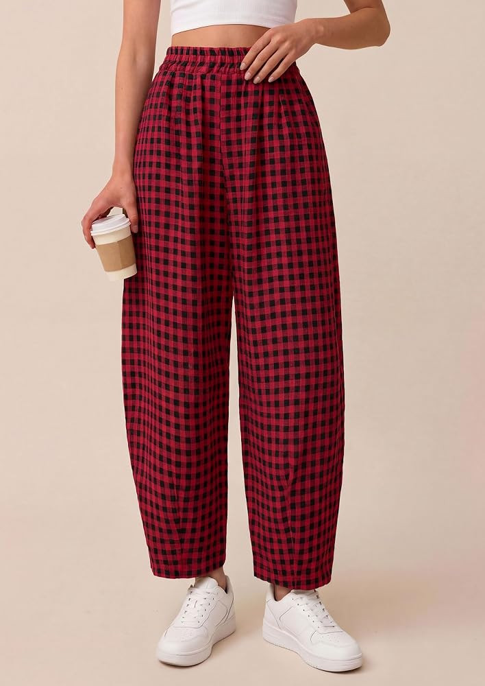PRETTYGARDEN Plaid Barrel Pants Women Summer Bottoms | Amazon (US)