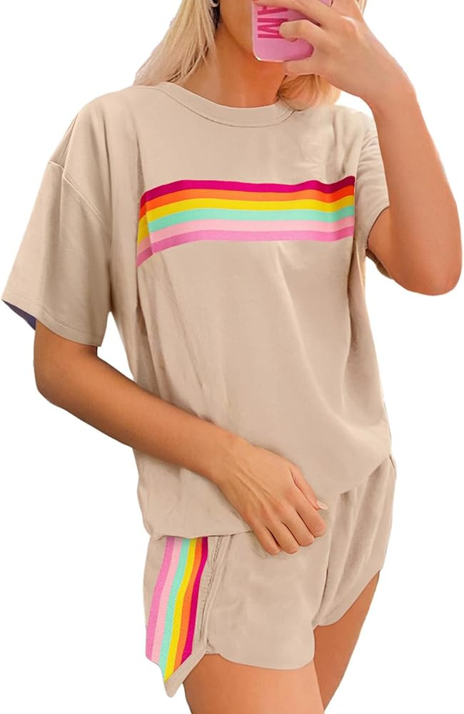 SHEWIN Womens Two Piece Lounge Sets Casual Short Sleeve Pullover Tops Matching Runner Shorts Cozy... | Amazon (US)