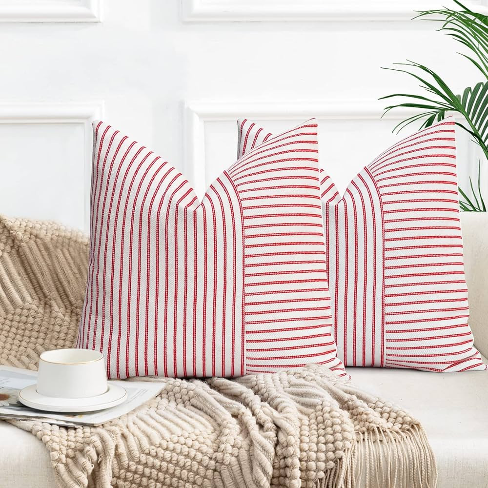 YCOLL Farmhouse Pillow Covers 20x20, Boho Throw Pillow Covers Set of 2, Red and Cream Striped Lin... | Amazon (US)