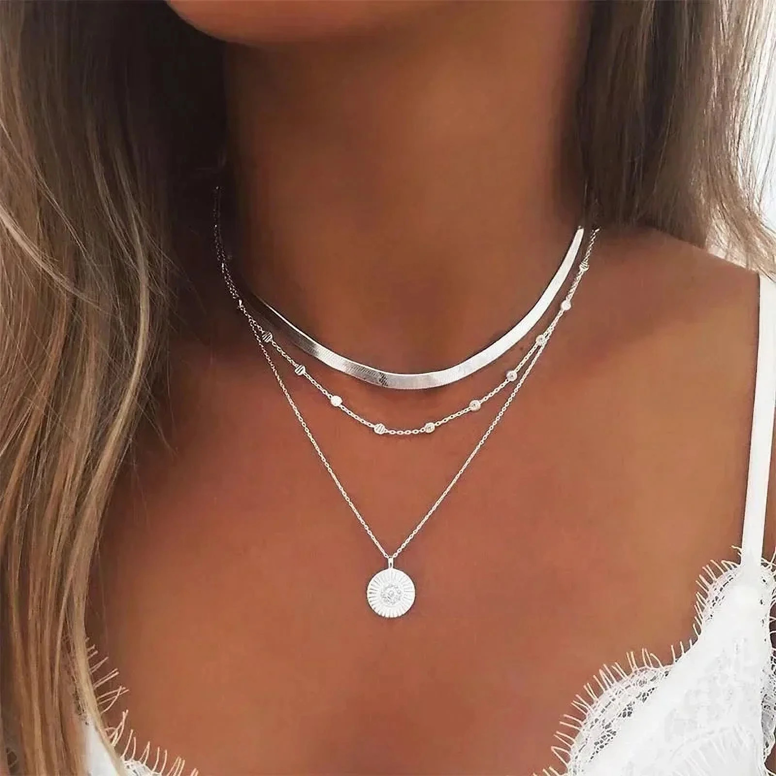 925 Sterling Silver Three-Layer Round Necklace for Women Simple Snake Chain Charm Ball Chain Part... | Walmart (US)