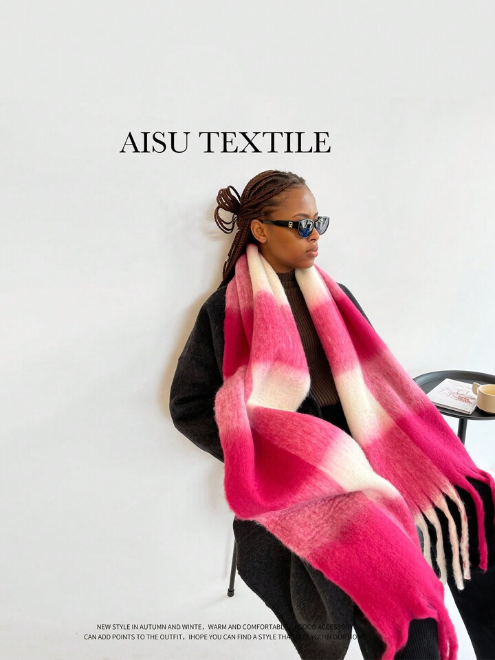 Women's Plus Size Thickened Plaid Mohair Scarf, Autumn And Winter Warm Tassel Shawl With Geometri... | SHEIN