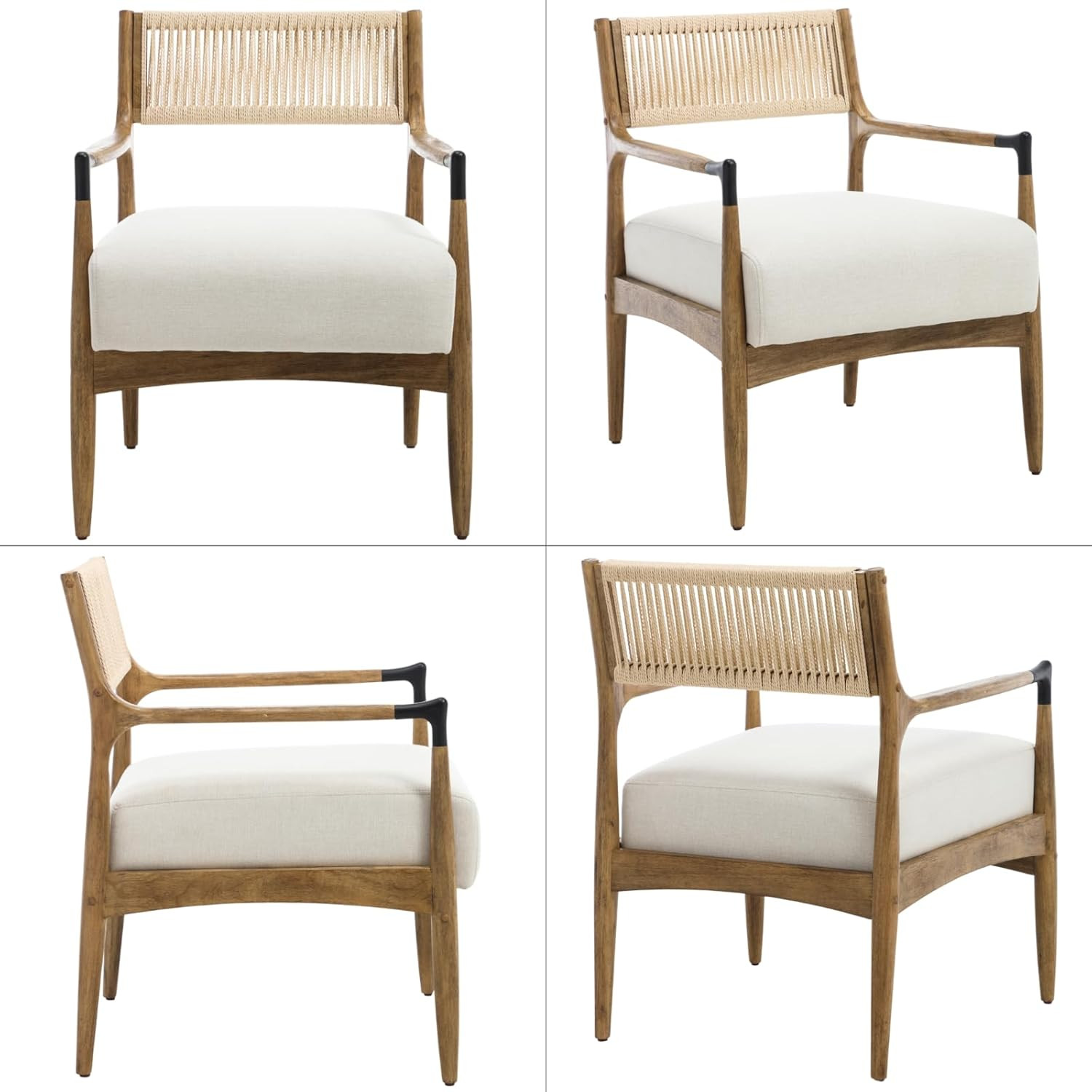 Mid-Century Modern Accent Chair with Woven Rope Back, Upholstered Linen Fabric Armchair with Soli... | Amazon (US)