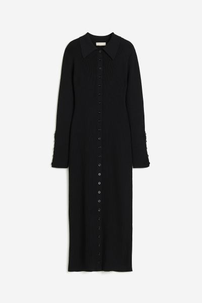 Rib-knit Button-front Dress - Black - Ladies | H&M US | H&M (US + CA)