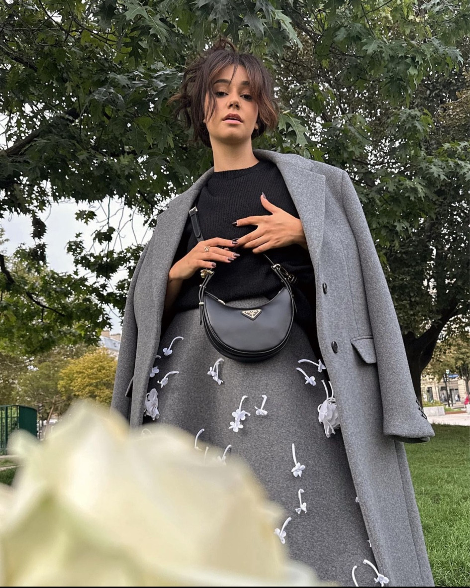Prada forever 

jupe midi grise, jupe midi en velours brodé gris ardoise, pull à col rond en laine et cachemire noir, sac porté épaule Prada Arqué en cuir noir, long manteau en laine gris #Prada 

#LTKstyletip #LTKSeasonal