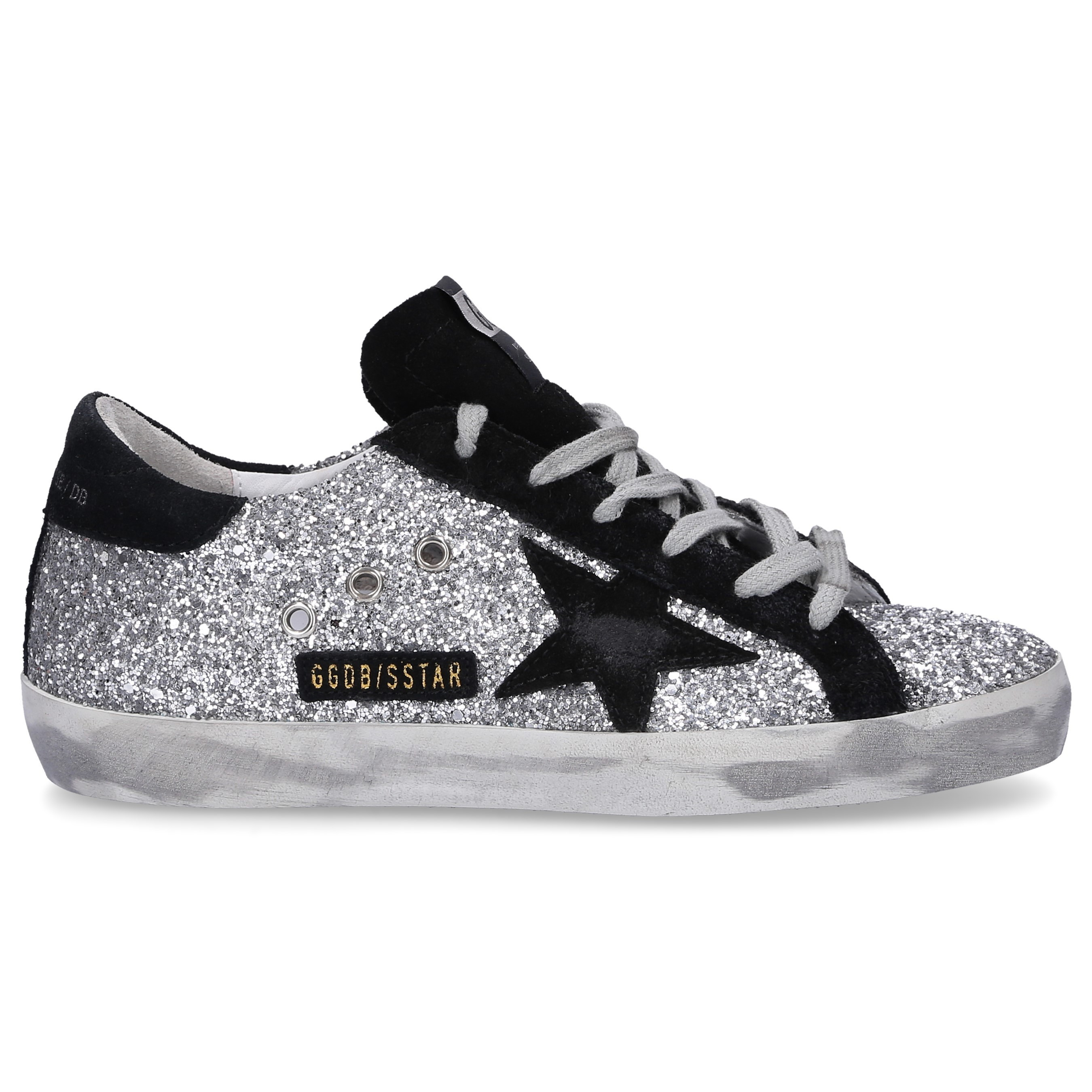 Golden Goose Sneaker low SUPERSTAR  Glitter Veloursleder Logo Used schwarz silber | Budapester.com