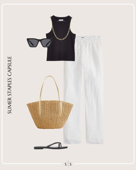 Summer Staples Capsule Wardrobe outfit idea | white linen pants, black tank, straw tote bag, black slide sandals, sunglasses, gold chain necklace

See the entire Summer Staples Capsule Wardrobe on thesarahstories.com ✨ 


#LTKStyleTip