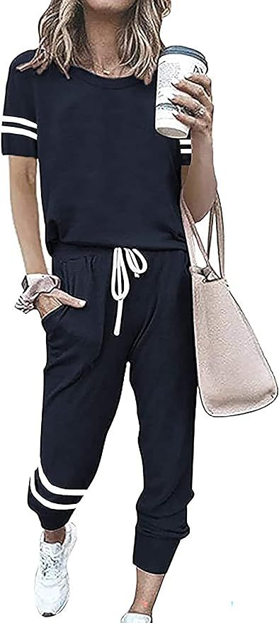 PRETTYGARDEN Women's Two Piece Outfits Striped Short Sleeve Pullover and Long Pants Tracksuit Paj... | Amazon (US)