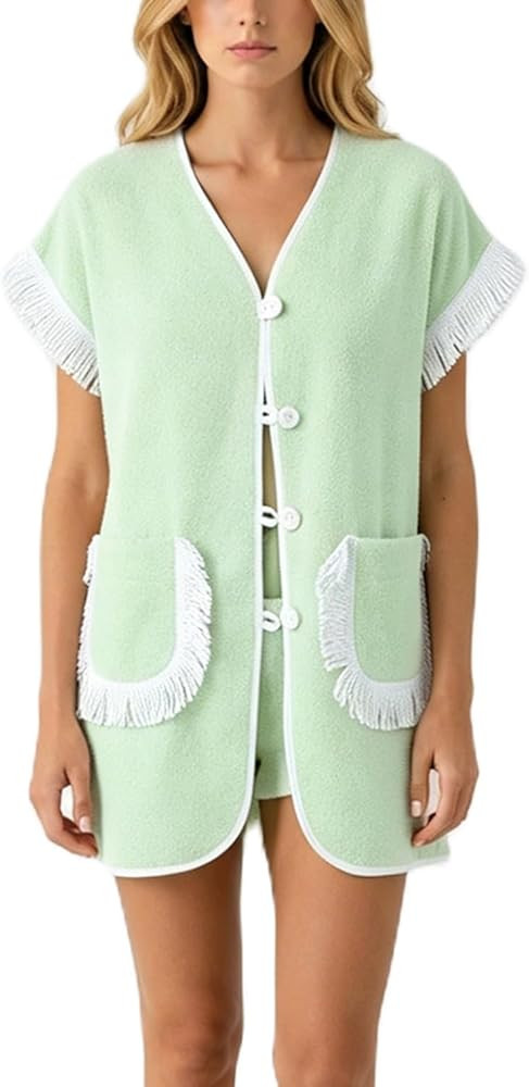Franhais Womens 2 Piece Set Fringed Trim Vacation Outfits Short Sleeve Vneck Button Up Top Shorts... | Amazon (US)