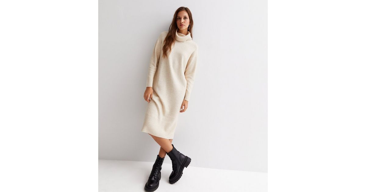 Cream Knit Roll Neck Long Sleeve Midi Dress | New Look | New Look (UK)