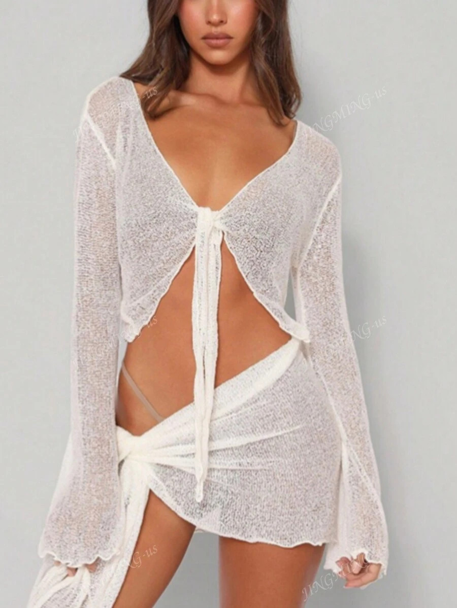 2pcs Women's Casual Tie-Front Long Sleeve Top And Skirt Cover Up Set, For Summer Beach Vacation | SHEIN
