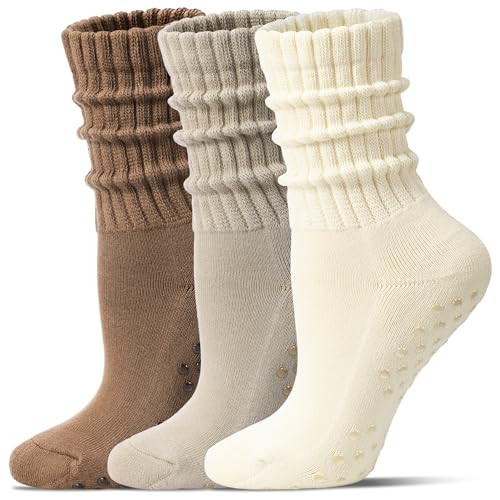 Toetally Pilates Socks for Women Mid Calf Slouch Yoga Socks with Non Slip Grippers for Barre Boot Sock 3 Pairs Morandi S | Amazon (US)