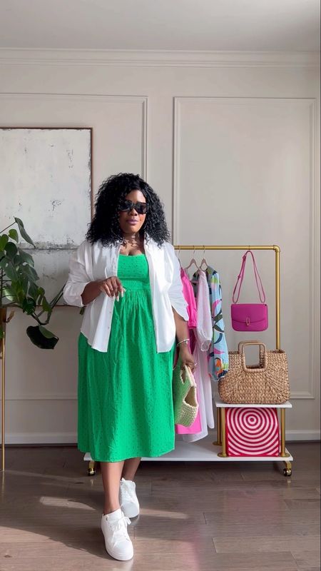 Green eyelet dress with white linen shirt paired with white sneakers and basket bag. @Target @Targetstyle #AD #TargetPartner #Targetstyle

#LTKFind #LTKstyletip #LTKSeasonal