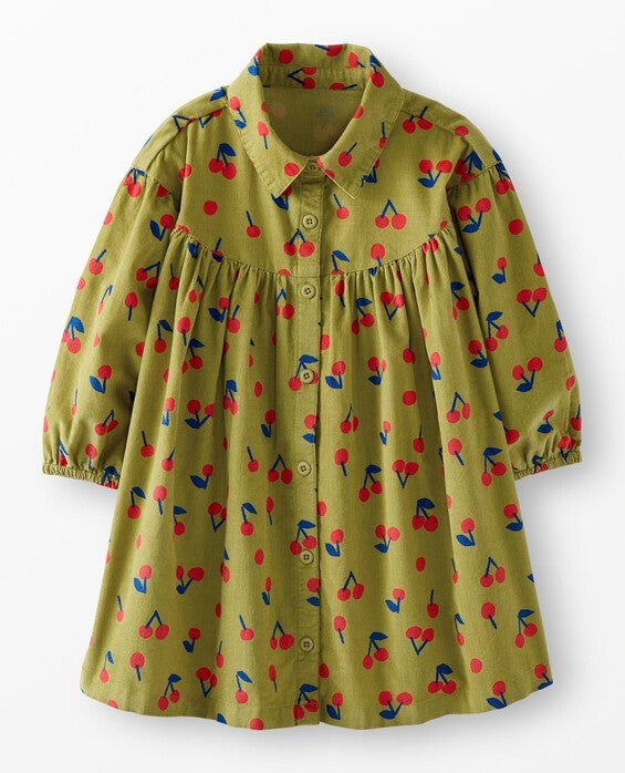 Girls' Cherries On Lime Beam Corduroy Button-Front Dress with Pockets in 100% Combed Cotton - Size Big Kids 8 by Hanna Andersson | Hanna Andersson