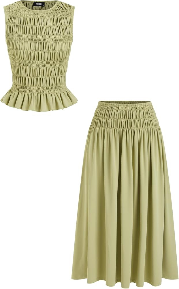 CIDER Two Piece Sets for Women Sleeveless Tops Pleated Peplum Hem Midi Long Flowy Skirt 2026 Summ... | Amazon (US)