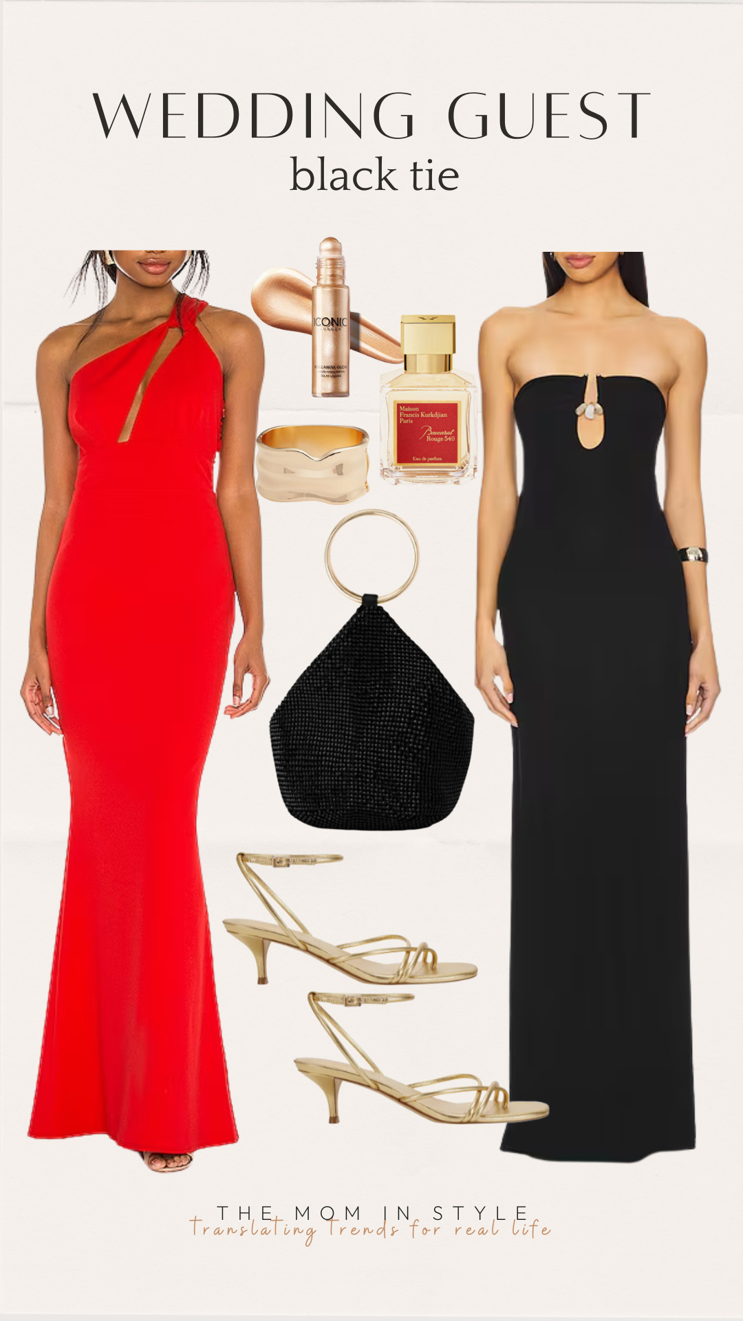 black tie, wedding guest, evening gown, formal dress, red gown, black dress, gold heels, elegant clutch 

 #LTKFindsUnder100 #LTKWedding
