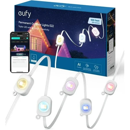 eufy Permanent Outdoor Lights E22, 100ft with 60 Triple-LED Lights, Smart RGBWW for Christmas, Daily and Holiday, IP67 Waterproof, AI Lighting Themes for Christmas Decorations, Links with Cameras | Walmart (US)
