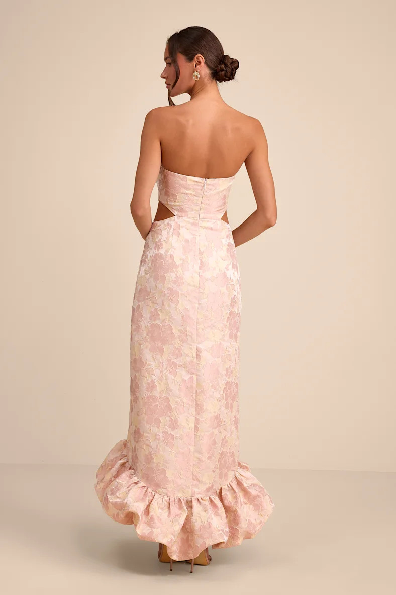 Nathania Blush Floral Jacquard Strapless Bubble-Hem Maxi Dress | Lulus