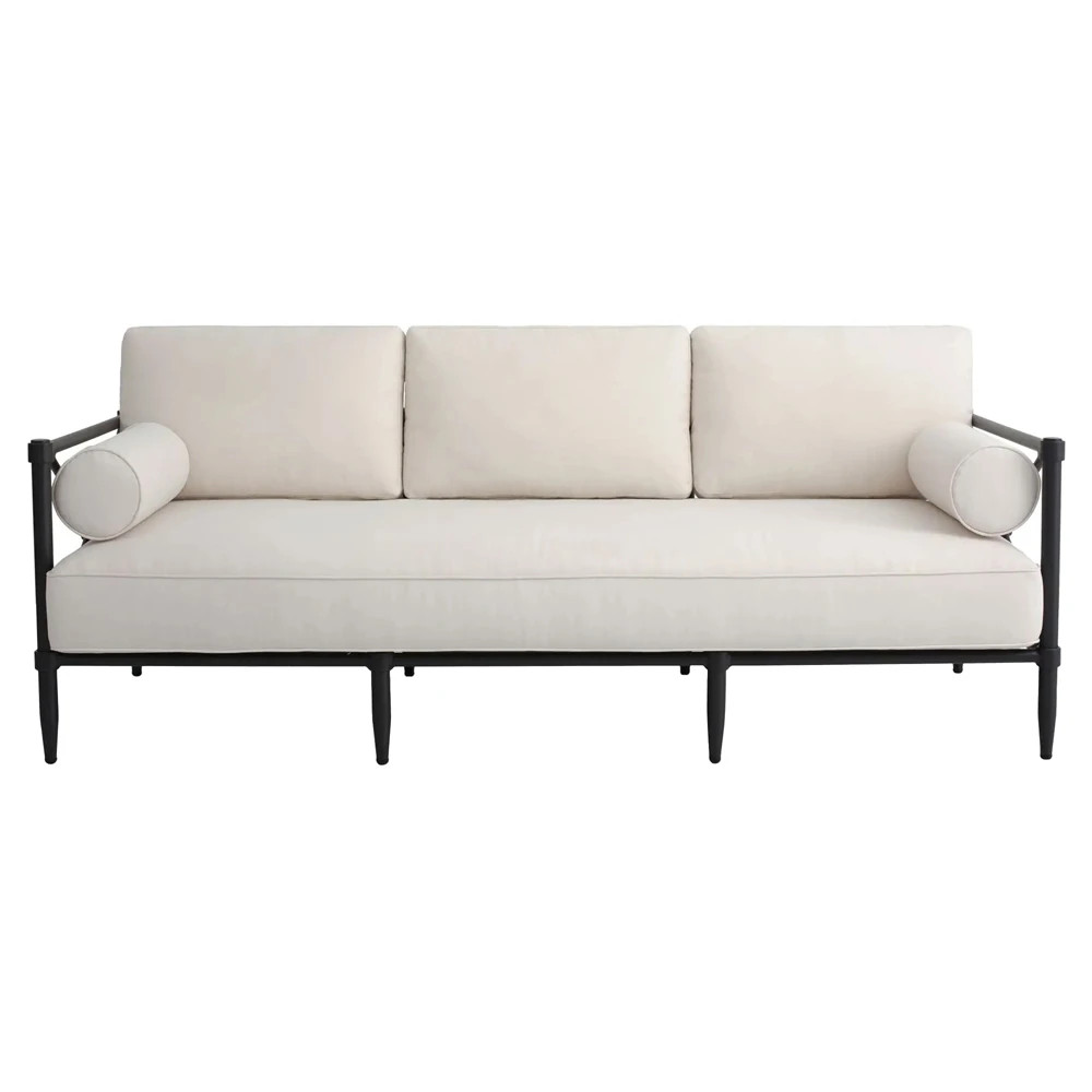 Yarrow Updated Traditional Cream Performance Black Aluminum Outdoor Sofa - 80" | Kathy Kuo Home