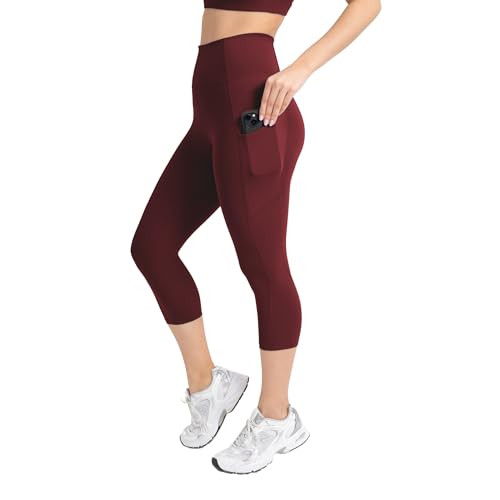 YITTY Active Women's Ultraluxe High-Waist Pocket Legging, Athleisure, 4-Way-Stretch, Burgundy, 3X, Capri | 19" Inseam | Amazon (US)