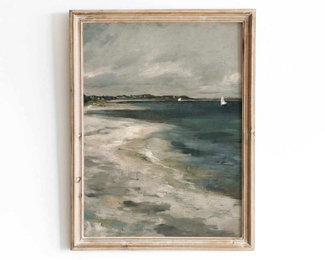 Vintage European Rustic Neutral Coastal Ocean Muted Beach Oil Painting, Landscape Seascape Poster... | Etsy (US)