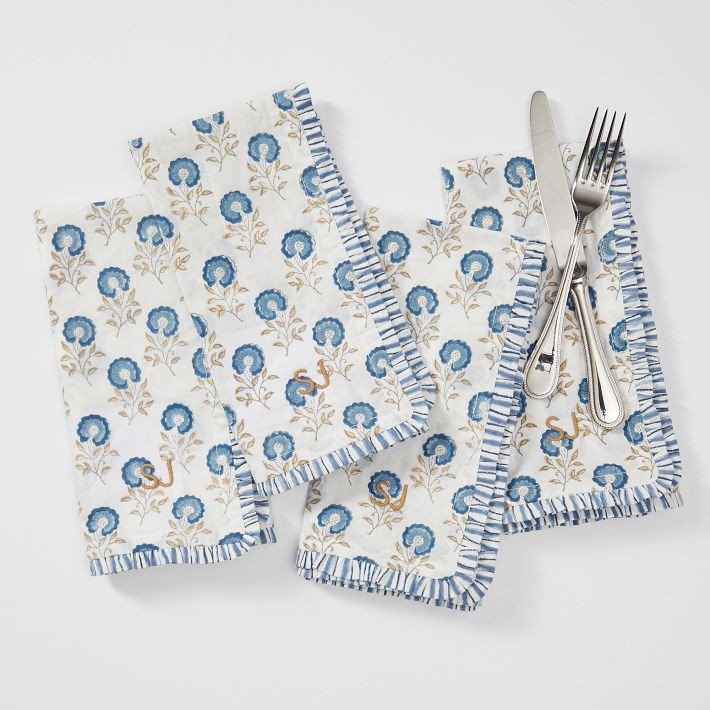 Block Print Ruffle Edge Dinner Napkins, Set of 4 | Mark and Graham