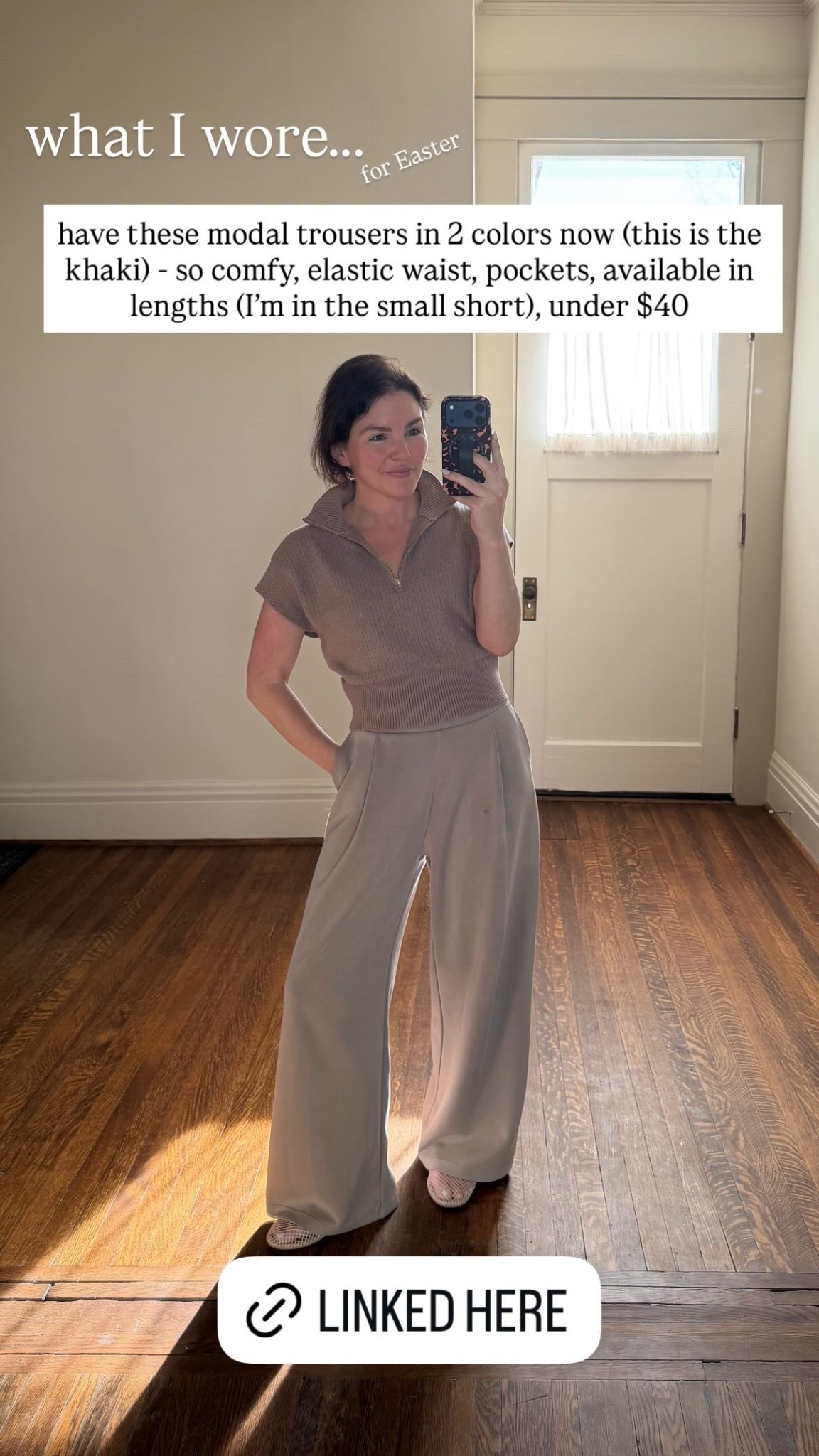 what I wore….. have these modal trousers in 2 colors now (this is the khaki) - so comfy, elastic waist, pockets, available in lengths (I’m in the small short), under $40 for Easter

#LTKdayinmylife #LTKmomlife #LTKootd