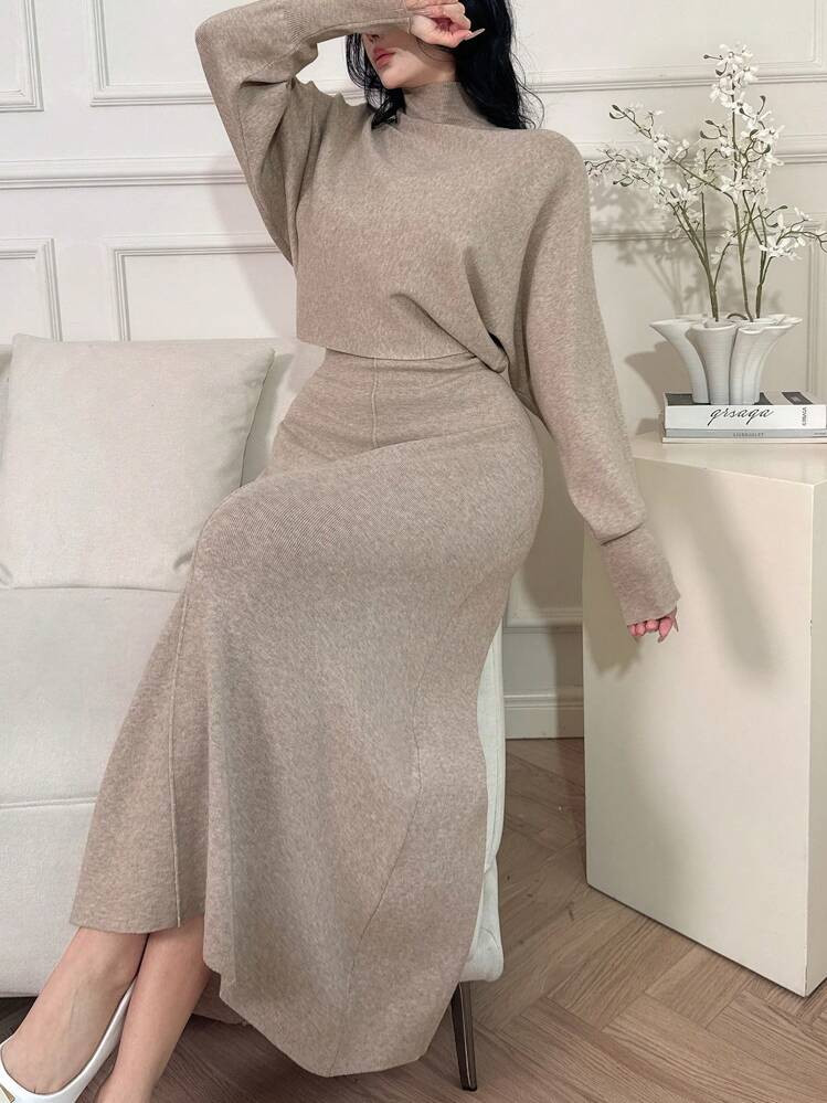 Modelyn 2pcs/Set Women Plain Stand Collar Long Sleeve Top And Mid-Length Skirt 2 Pieces Set | SHEIN