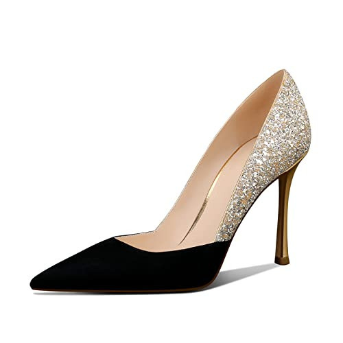 Sparkly Black and Gold Two Tone Closed Toe Heels Stiletto Pumps for Women with 3.74in Pointed Toe Heels for Wedding, Party, Dress 6 | Amazon (US)