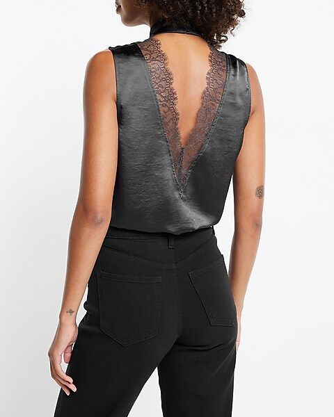 Satin Mock Neck Sleeveless Open Back Lace Top | Express