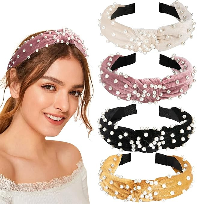 Allucho 4 Pack Velvet Wide Headbands Knot Turban Hairband Vintage Head wrap with Faux Pearl Elast... | Amazon (US)
