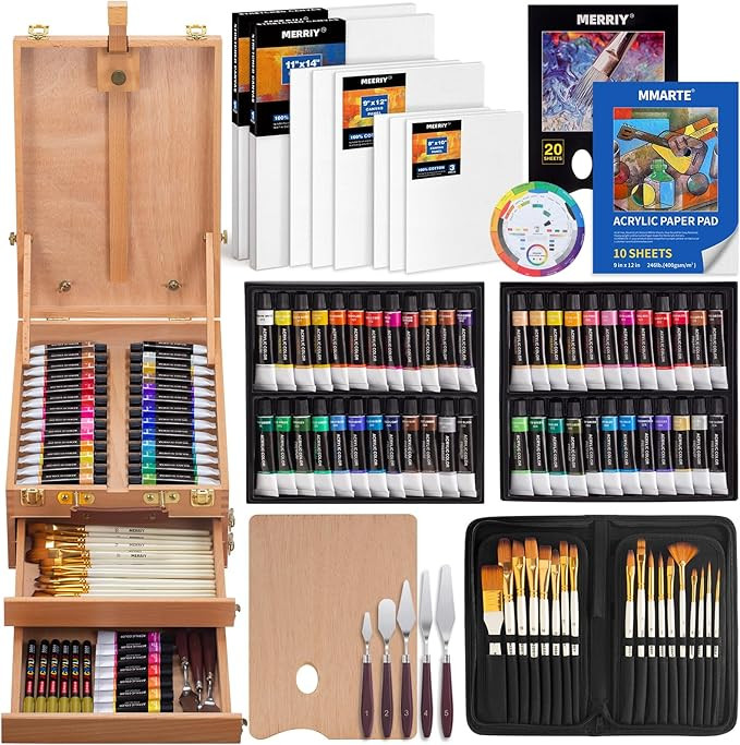 MERRIY 80-Piece Acrylic Paint Set, Artist Painting Supplies Kit with Tabletop Sketch Box Easel, 4... | Amazon (US)
