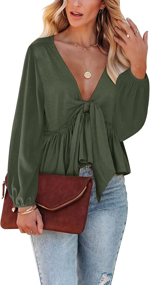 Fanway&EC Women's Long Sleeve V Neck Blouses Babydoll Tie Front Shirts Ruffle Hem Casual Crop Top... | Amazon (US)