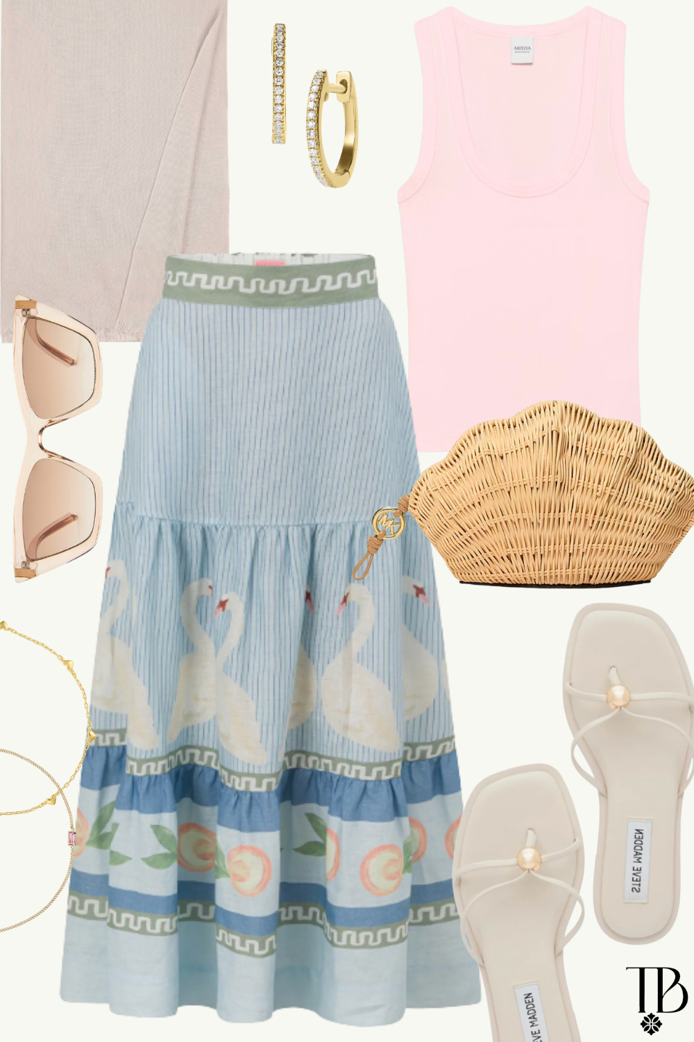 Pastel perfection for summer days 💕🦢 This breezy printed midi skirt paired with soft pink basics and woven accessories is giving effortless coastal chic energy. Perfect for vacation mornings, brunch, and resort strolls. #LTKStyle #CoastalStyle #PastelOutfit #SummerStyle #VacationOutfit #ResortWear #FeminineFashion #OOTD 

 
