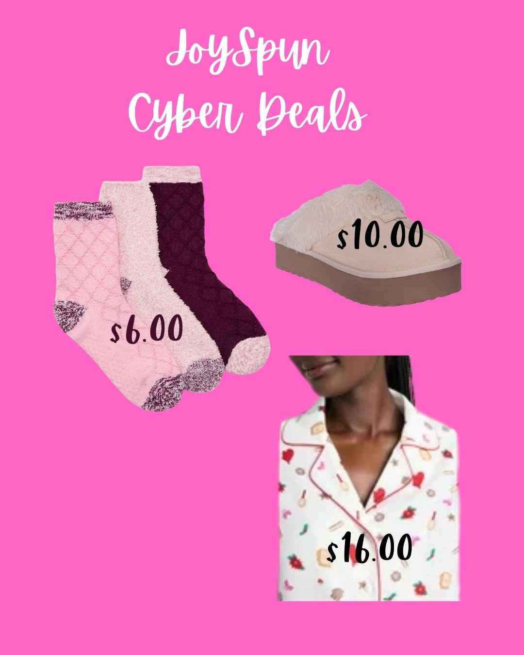 JoySpun Cyber Deals you need for cozy season 💕
These make the cutest gifts, stocking stuffers, or treat-yourself finds!

• Sock packs — $6
• Slippers — $10
• Pajama set — $16

All linked for easy shopping below ✨
#LTKHoliday #LTKCyberWeek #LTKGiftGuide #JoySpun #WalmartFinds #CozySeason #Under20Deals #LTKSaleAlert #HolidayShopping #CozyGifts