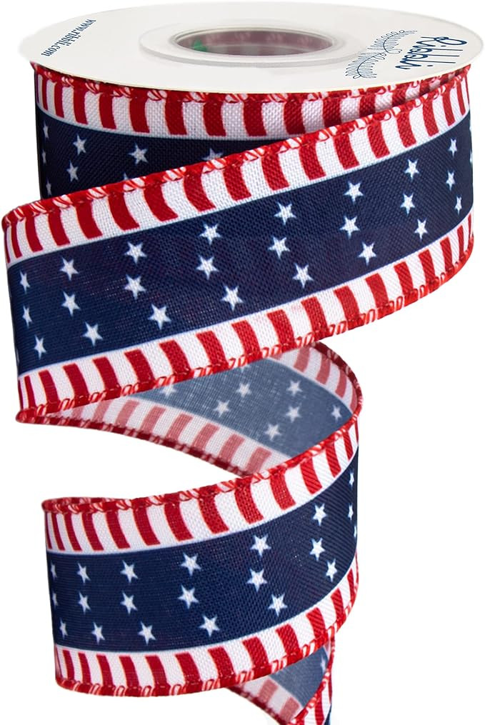 Ribbli Patriotic Ribbon, Stars and Stripes Wired, 1-1/2 Inch x 10 Yard, Red/White/Navy, Canvas fo... | Amazon (US)