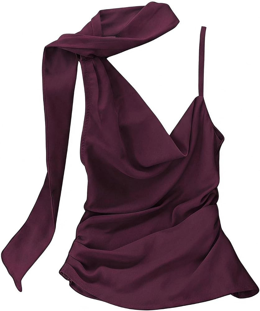 Floerns Women's Asymmetrical Neck Camisole Tops Spaghetti Strap Ruched Going Out Tops with Scarf | Amazon (US)