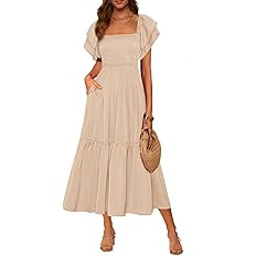 MASCOMODA Womens Summer Casual Midi Dress Square Neck Ruffle Short Sleeve Smocked High Waist A Li... | Amazon (US)