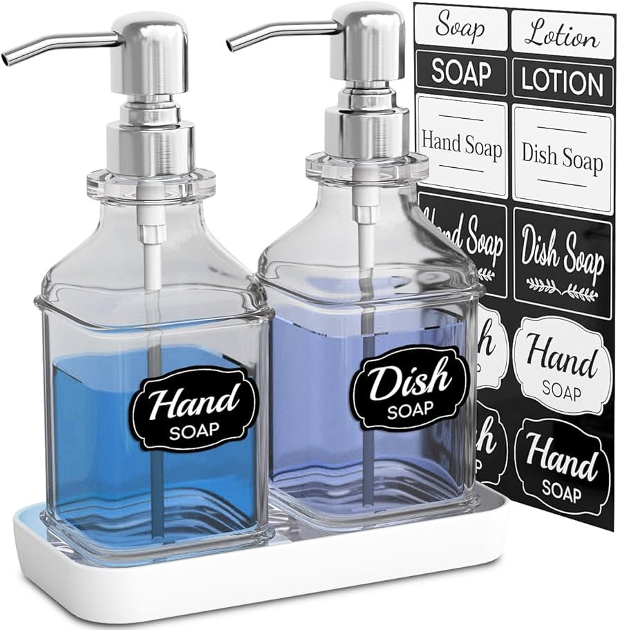 Soap Dispenser - 2 Pack, Antique Design Thick Glass Hand Soap Dispensers with Sturdy Tray; 304 Ru... | Amazon (US)