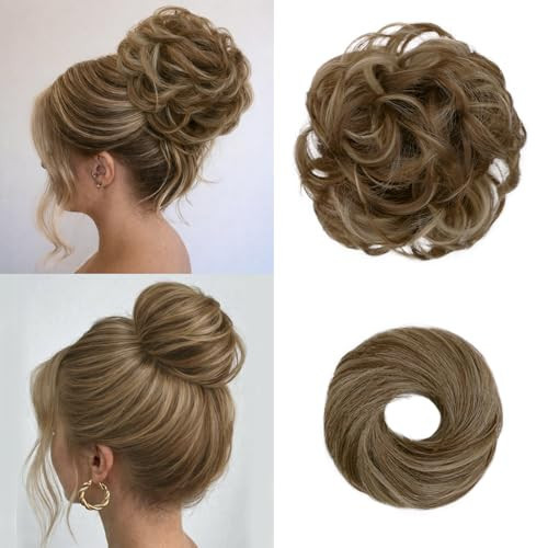 2PCS Messy Bun Hair Piece Set, Large Wavy Curly Hair Bun & Donut Bun Updo, Synthetic Hair Bun Scrunchies Chignon Ponytail Extensions Hairpieces for Women(Honey Blonde Mix Ash Blonde) | Amazon (US)
