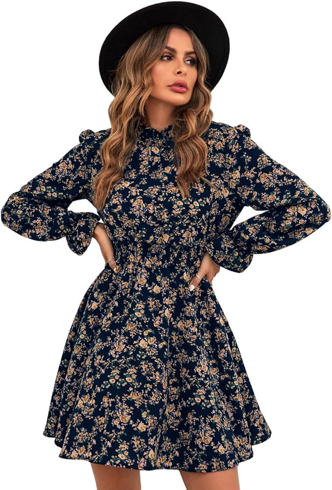 Floerns Women's Mock Neck Long Sleeve Floral Print Ruffle Short Dress | Amazon (US)