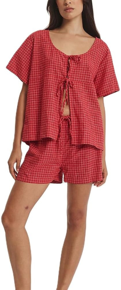 DSORVICD Women 2 Piece Pajamas Set Cute Striped Print Tie Front Short Sleeve T-shirt Low Waist Sh... | Amazon (US)