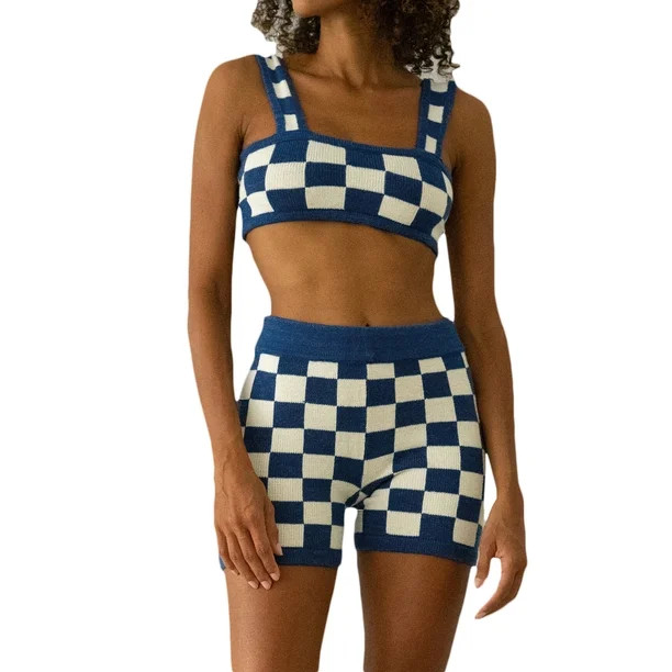 Women Two Piece Outfits Sets Casual Sleeveless Bodycon Knitted Crop Top and Shorts Set Y2k Summer... | Walmart (US)