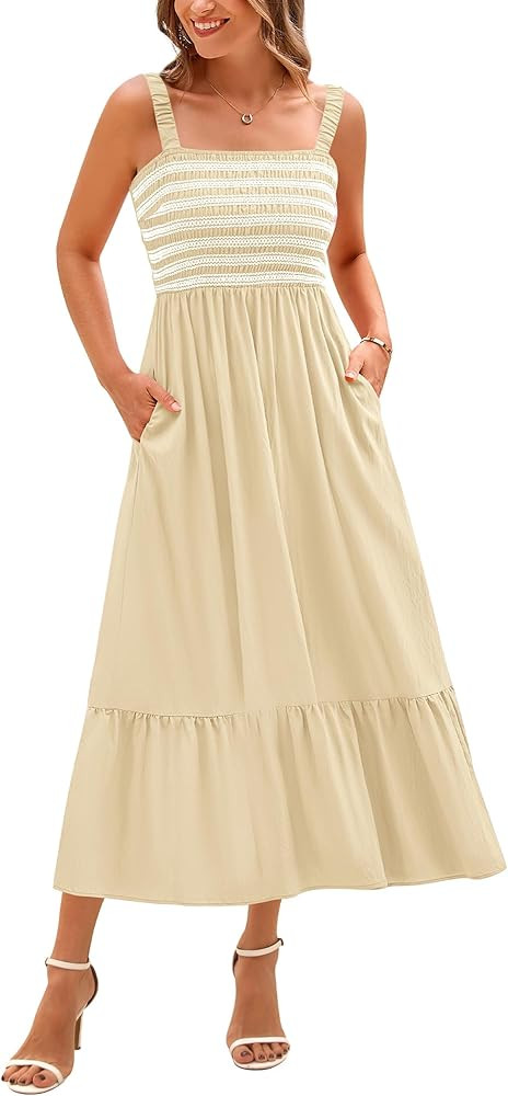 BTFBM Summer Midi Dresses for Women 2025 Sleeveless Square Neck Smocked Flowy Long Beach Vacation... | Amazon (US)