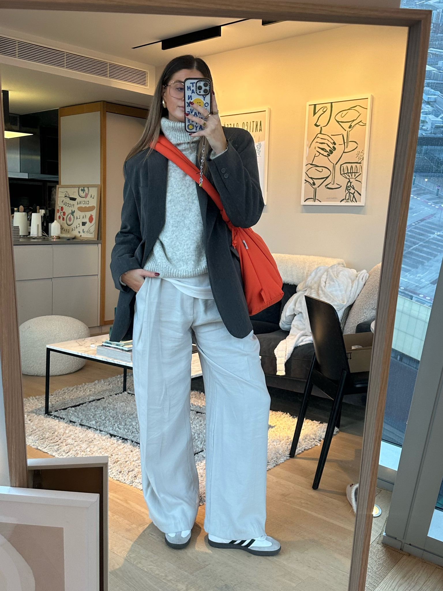 grey blazer, grey knit turtleneck, grey trousers, white tshirt, orange bag. White sambas 

#LTKstyletip #LTKworkwear #LTKMostLoved