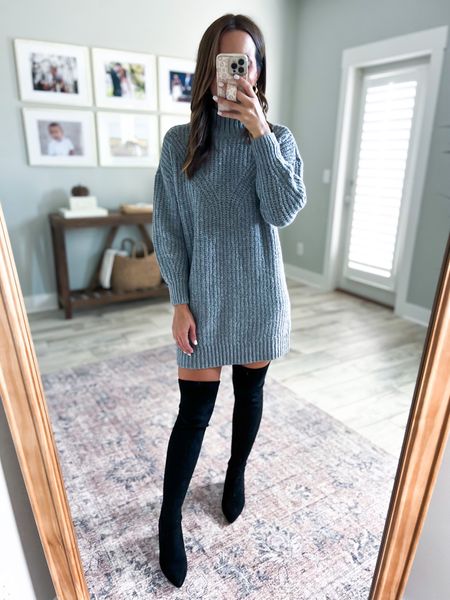 Old Navy sweater dress on sale (XSP). OTK boots on sale with code LOVEFALL. Fall outfit. Fall style. Date night outfit. Brunch outfit. Amazon rug. Target mirror. Target gold picture frame. 

*For boots, follow size chart and go up half a size!

#LTKunder50 #LTKshoecrush #LTKSeasonal