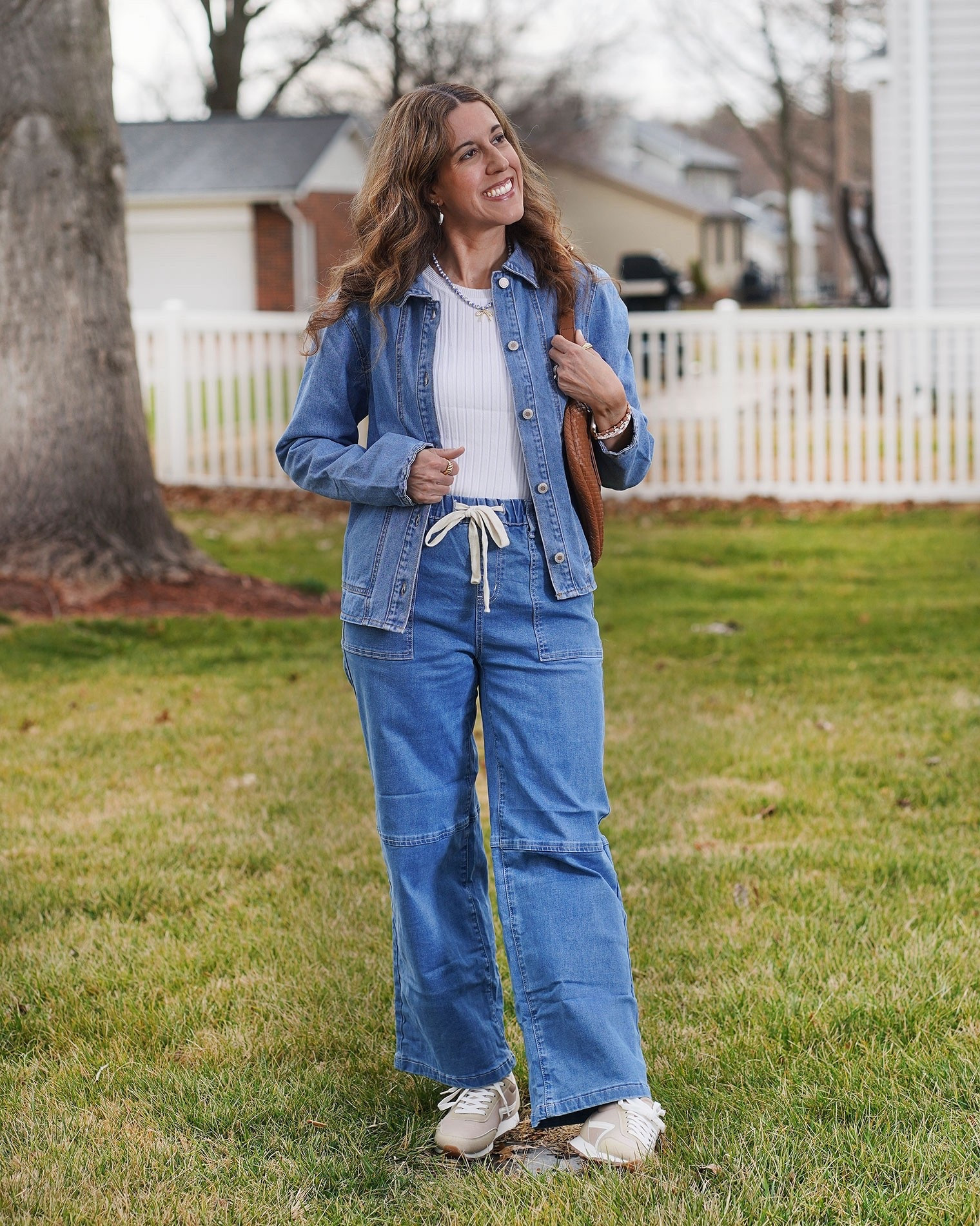 Early Spring Double Denim Outfit with a Denim Shacket & Wide-Leg Jeans